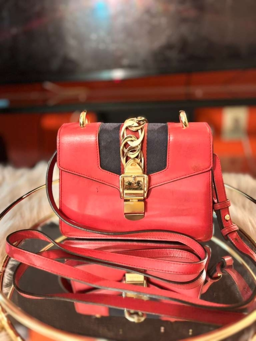 Red Leather Chain-Accent Crossbody Gucci Bag